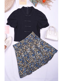 Button Down Cheongsam Top & Floral Print Pleated Skort Set (Black + Blue)